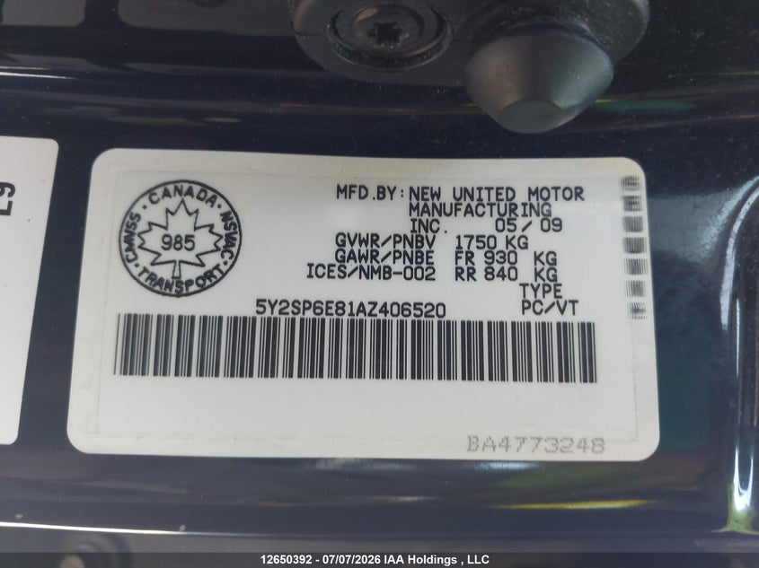 2010 Pontiac Vibe VIN: 5Y2SP6E81AZ406520 Lot: 12650392