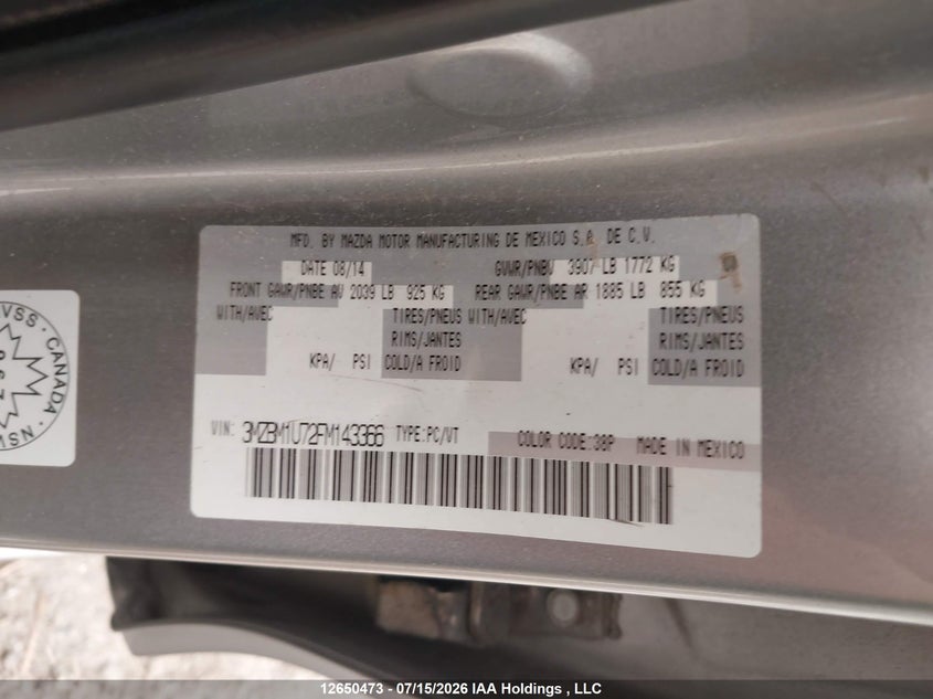 2015 MAZDA 3 SEDAN 2.0L I-4 DI, DOHC, VVT, 155HP