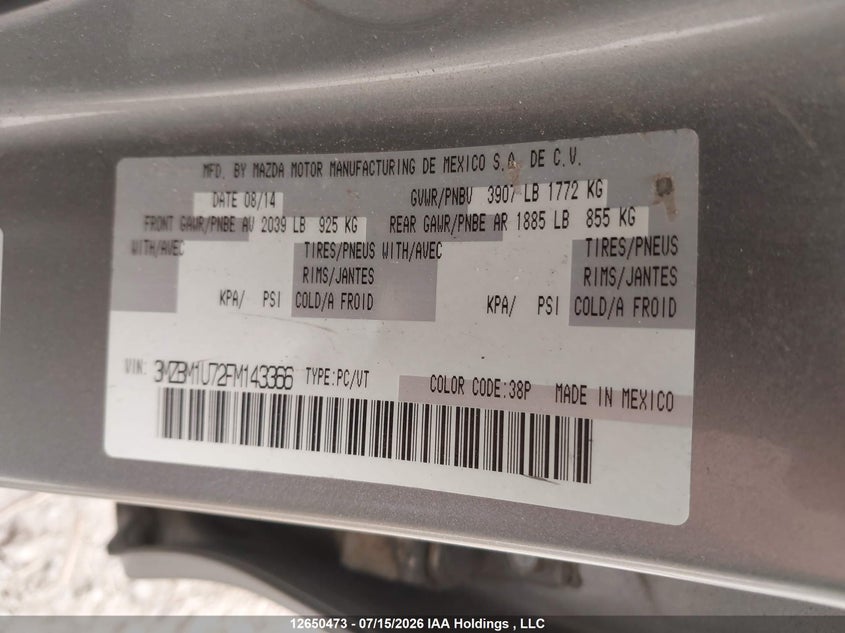2015 MAZDA 3 SEDAN 2.0L I-4 DI, DOHC, VVT, 155HP