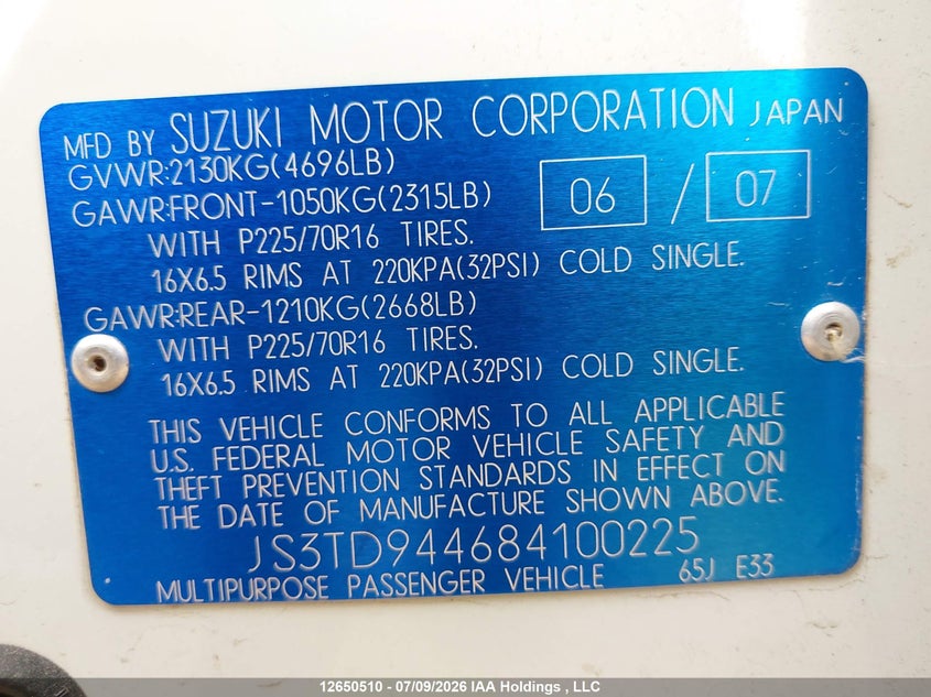 2008 Suzuki Grand Vitara Xsport VIN: JS3TD944684100225 Lot: 12650510