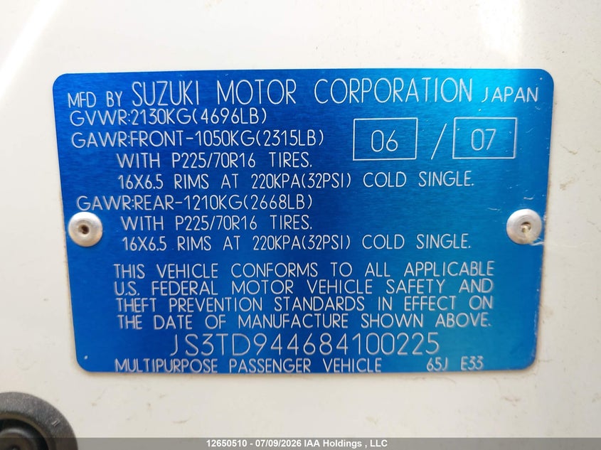 2008 Suzuki Grand Vitara Xsport VIN: JS3TD944684100225 Lot: 12650510