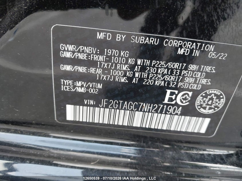 2022 Subaru Crosstrek Premium VIN: JF2GTAGC7NH271904 Lot: 12650539