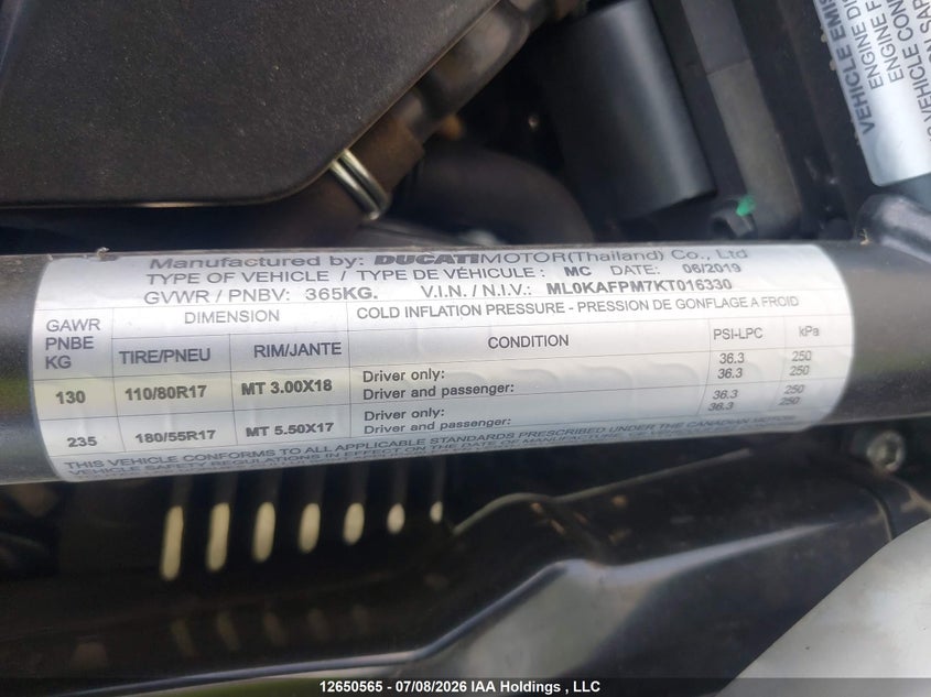 2019 Ducati Scrambler Desert Sled VIN: ML0KAFPM7KT016330 Lot: 12650565