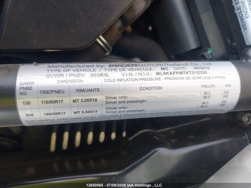 2019 Ducati Scrambler Desert Sled VIN: ML0KAFPM7KT016330 Lot: 12650565