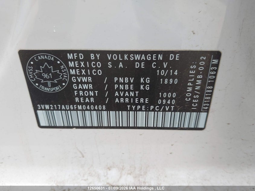 2015 Volkswagen Golf 1.8 Tsi Comfortline/1.8 Tsi Highline/1.8 Tsi Trendline VIN: 3VW217AU6FM040408 Lot: 12650631
