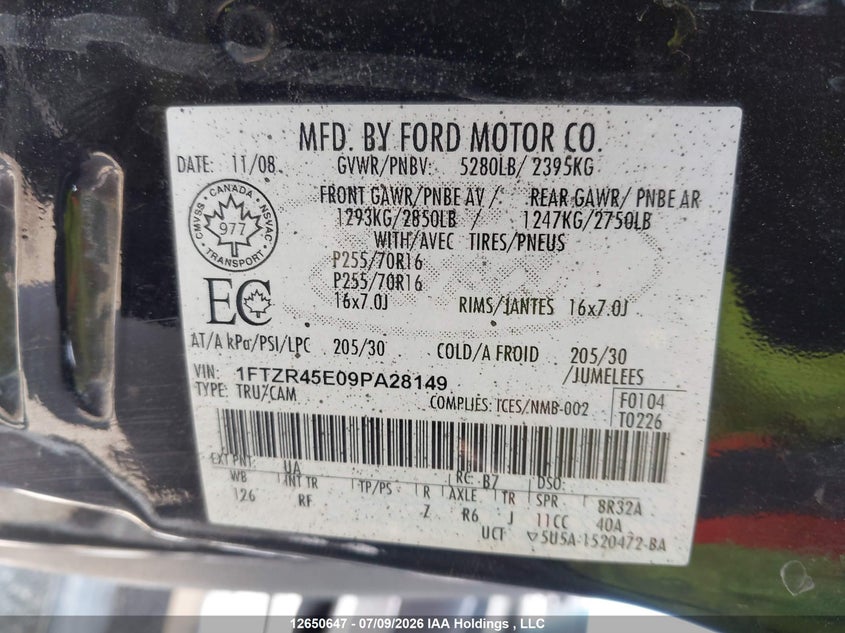 2009 FORD RANGER PICKUP 4.0L V-6 207HP