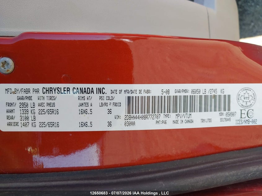 2008 DODGE CARAVAN VAN 3.3L V-6 175HP