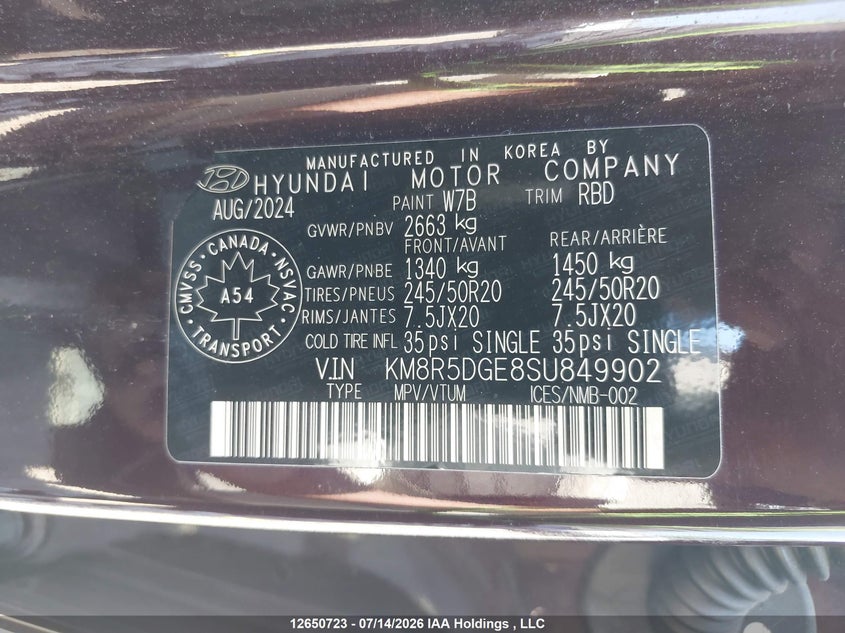 2025 Hyundai Palisade Ultimate Calligraphy VIN: KM8R5DGE8SU849902 Lot: 12650723