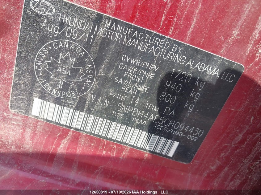 2012 Hyundai Elantra VIN: 5NPDM4AE5CH094430 Lot: 12650819