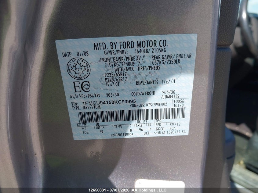 2008 Ford Escape Limited VIN: 1FMCU94158KC93995 Lot: 12650831