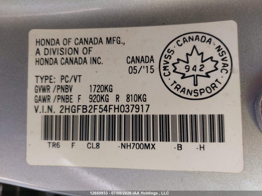 2015 HONDA CIVIC SEDAN 1.8L I-4 VVT, 143HP