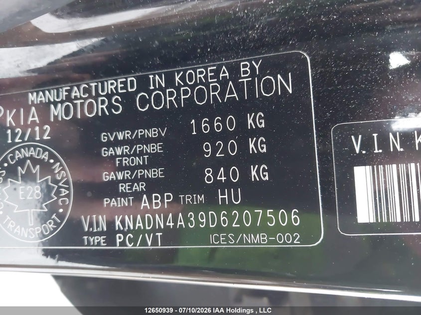2013 Kia Rio VIN: KNADN4A39D6207506 Lot: 12650939