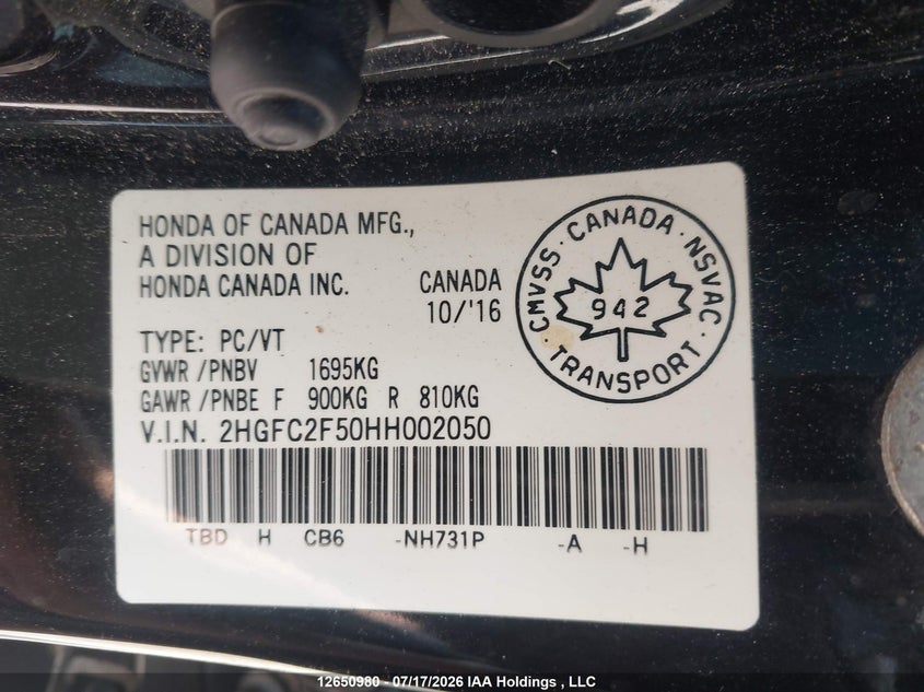2017 HONDA CIVIC SEDAN 2.0L I-4 DOHC, VVT, 158HP