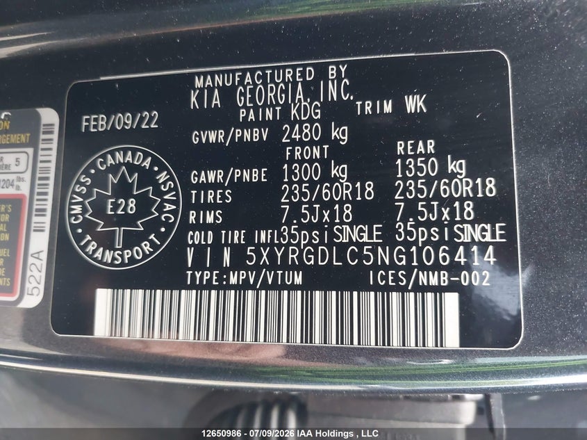 2022 Kia Sorento 2.5L Lx Premium/2.5L Lx+ VIN: 5XYRGDLC5NG106414 Lot: 12650986