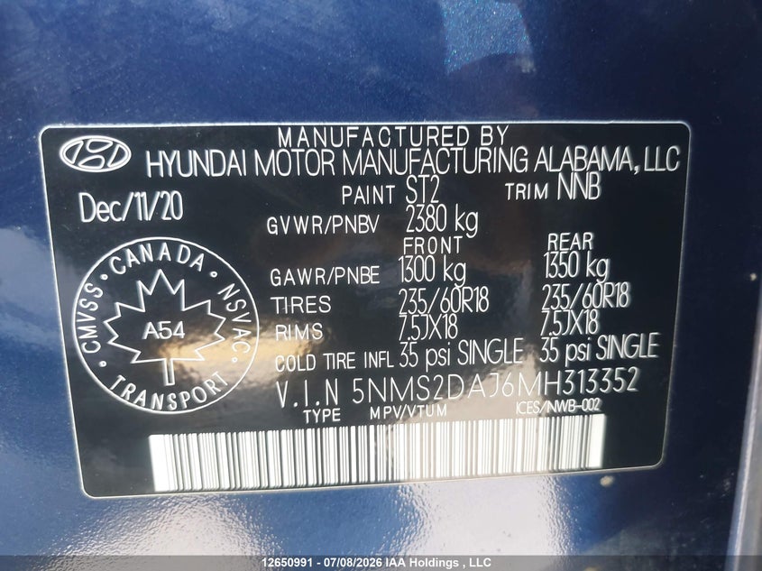 2021 Hyundai Santa Fe Essential Awd VIN: 5NMS2DAJ6MH313352 Lot: 12650991
