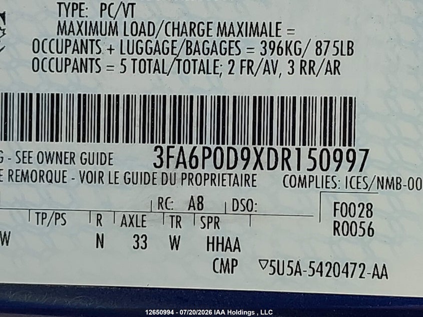 2013 Ford Fusion Titanium VIN: 3FA6P0D9XDR150997 Lot: 12650994