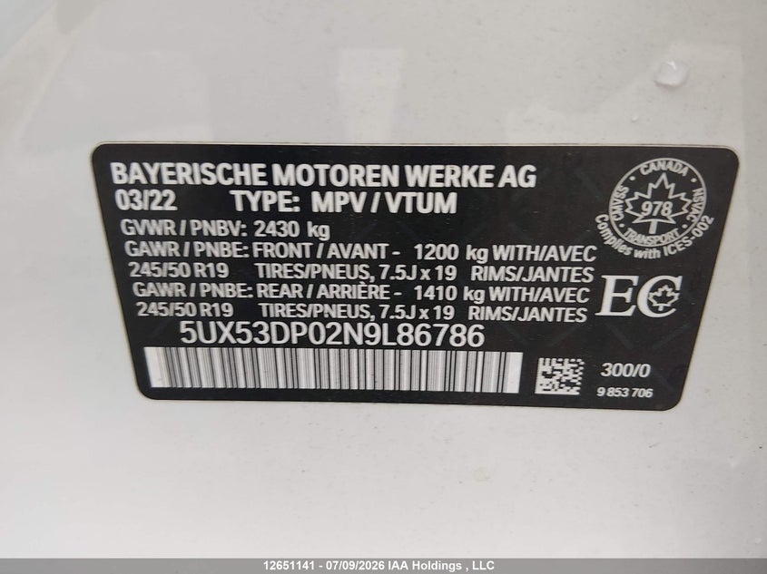 2022 BMW X3 VIN: 5UX53DP02N9L86786 Lot: 12651141