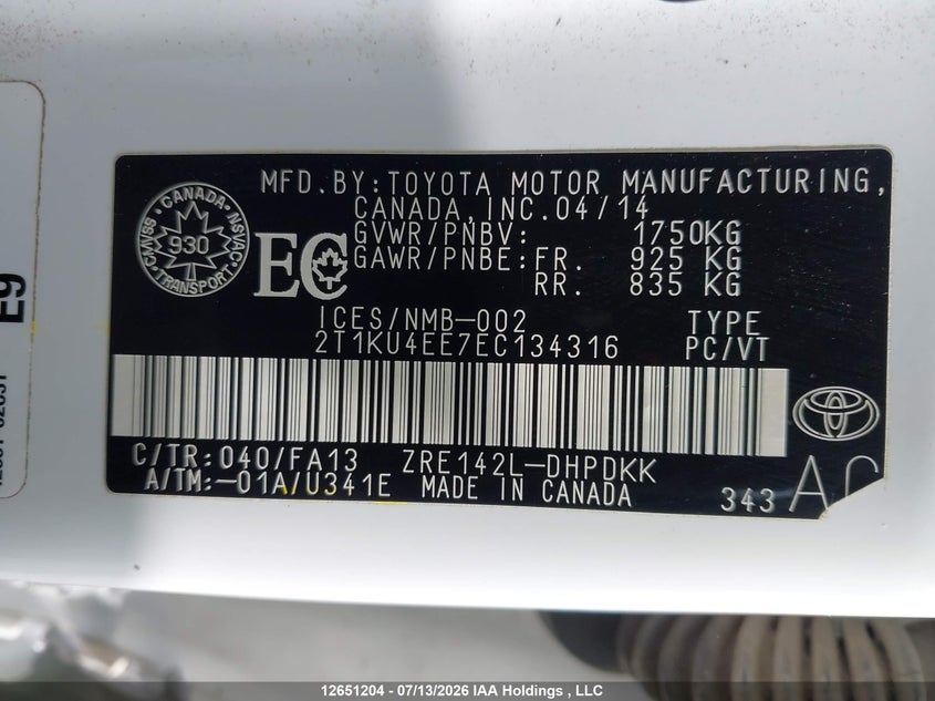 2014 TOYOTA MATRIX HATCHBACK 1.8L I-4 DOHC, VVT, 132HP