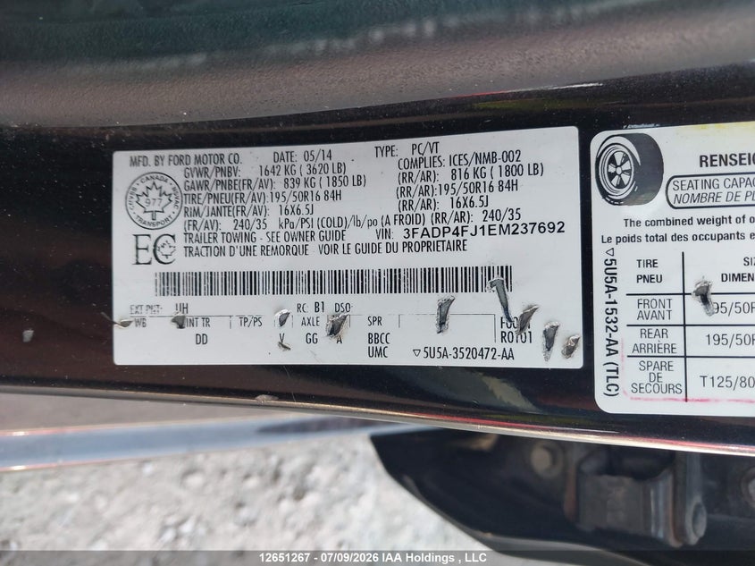 2014 Ford Fiesta VIN: 3FADP4FJ1EM237692 Lot: 12651267