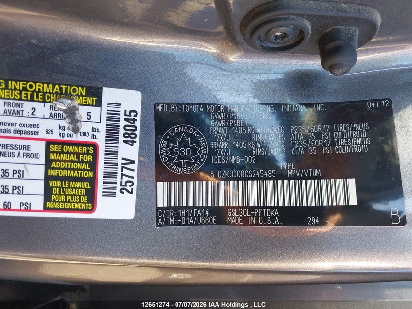 2012 TOYOTA SIENNA VAN 3.5L V-6 DOHC, VVT, 266HP