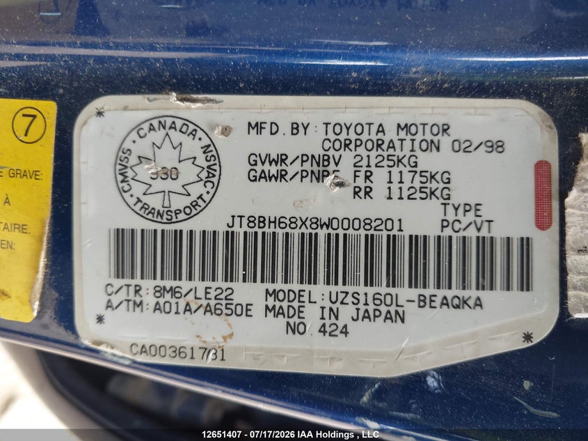 1998 Lexus Gs 400 VIN: JT8BH68X8W0008201 Lot: 12651407