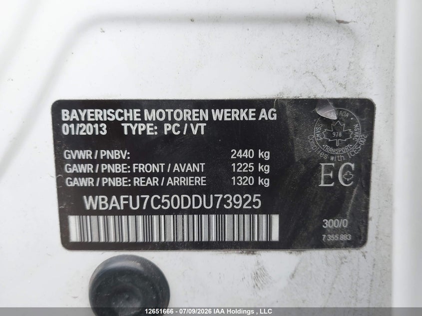 2013 BMW 535I xDrive VIN: WBAFU7C50DDU73925 Lot: 12651666