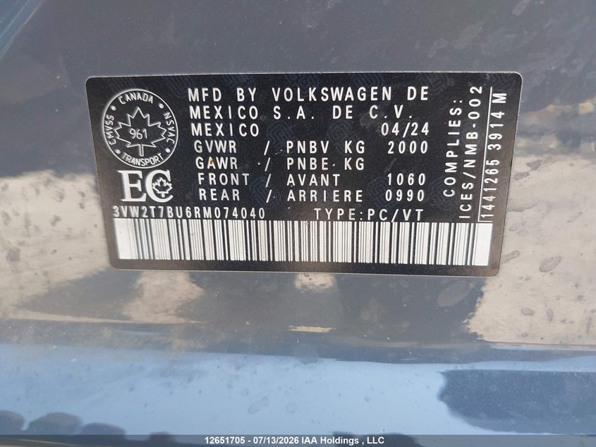 2024 Volkswagen Jetta Gli Autobahn VIN: 3VW2T7BU6RM074040 Lot: 12651705