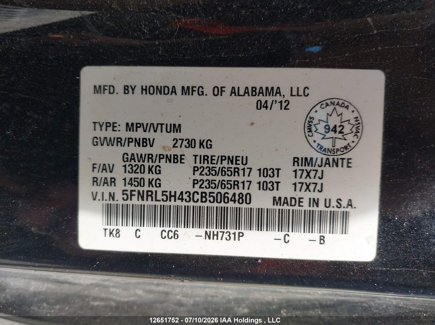 2012 Honda Odyssey Ex VIN: 5FNRL5H43CB506480 Lot: 12651752