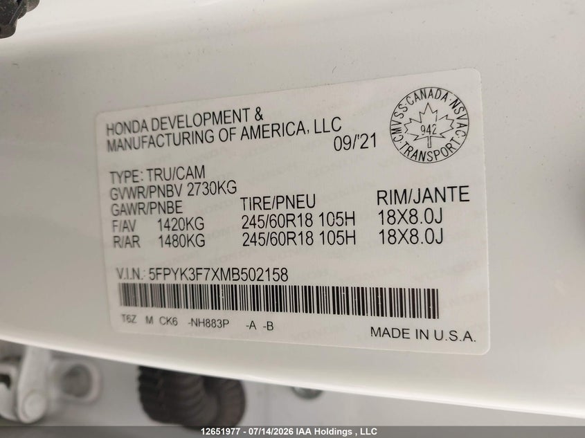 2021 Honda Ridgeline VIN: 5FPYK3F7XMB502158 Lot: 12651977