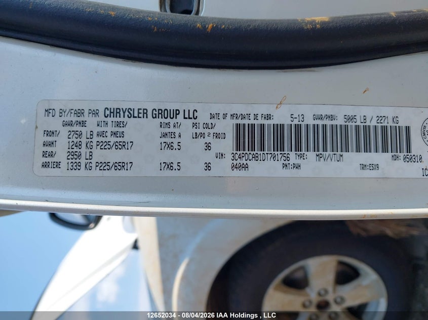 2013 DODGE JOURNEY SPORT UTILITY VEHICLE 2.4L I-4 DOHC, VVT, 173HP