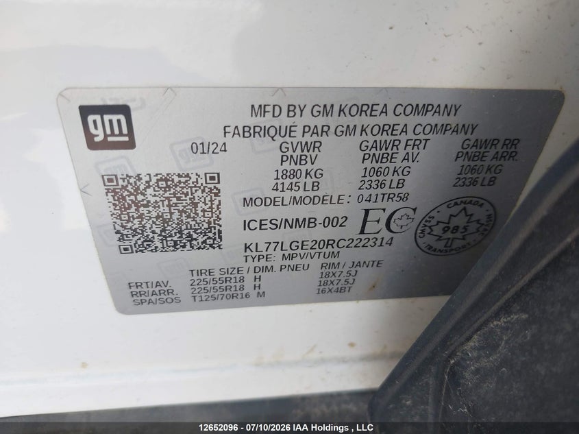 2024 Chevrolet Trax VIN: KL77LGE20RC222314 Lot: 12652096