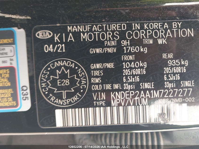 2021 Kia Seltos Lx VIN: KNDEP2AA1M7227277 Lot: 12652206