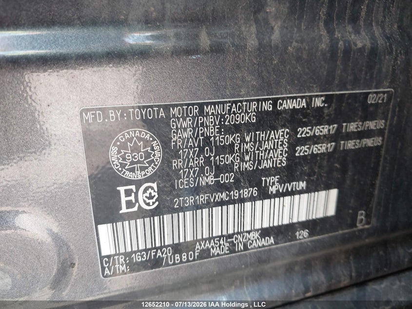 2021 TOYOTA RAV 4 SPORT UTILITY VEHICLE 2.5L I-4 DI, DOHC, VVT, 203HP