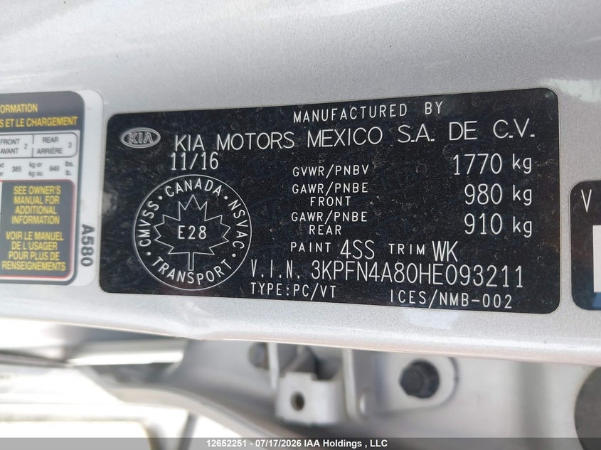 2017 KIA FORTE SEDAN 2.0L I-4 DI, DOHC, VVT, 173HP