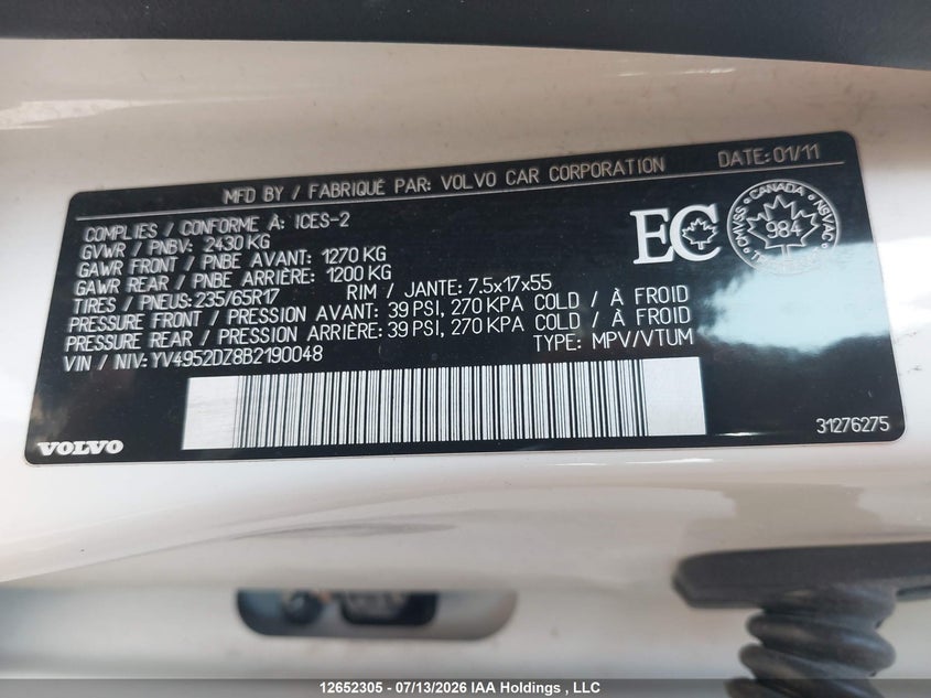 2011 Volvo Xc60 VIN: YV4952DZ8B2190048 Lot: 12652305