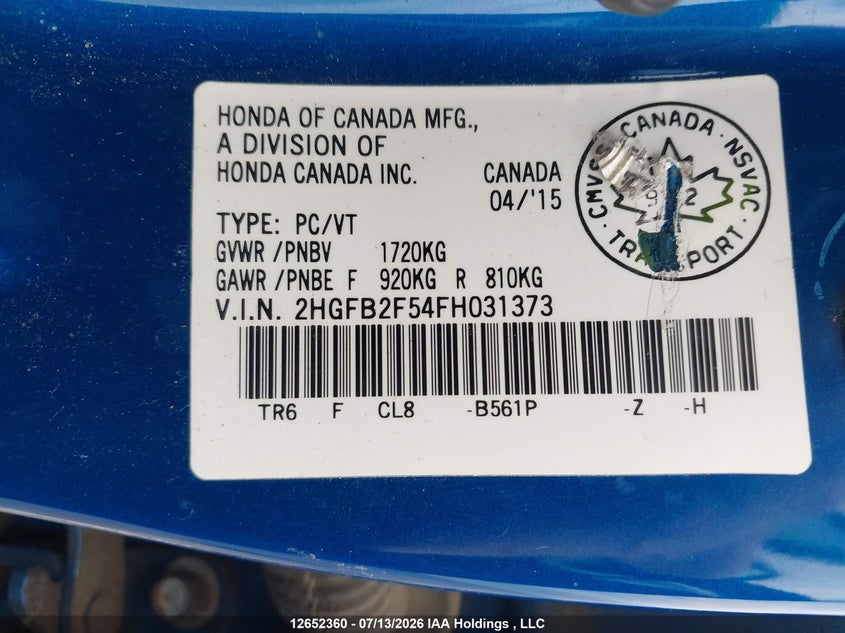 2015 HONDA CIVIC SEDAN 1.8L I4 FI SOHC 16V NF4