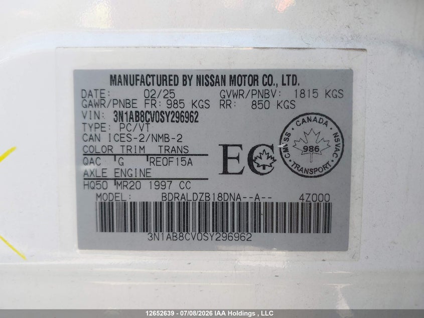 2025 Nissan Sentra Sv VIN: 3N1AB8CV0SY296962 Lot: 12652639
