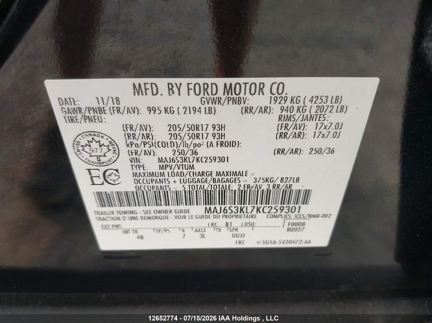 2019 Ford Ecosport Titanium VIN: MAJ6S3KL7KC259301 Lot: 12652774