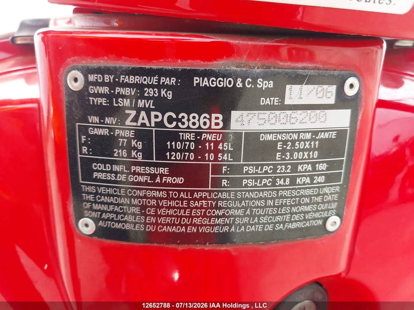 2007 Vespa Lx 50 VIN: ZAPC386B475006200 Lot: 12652788