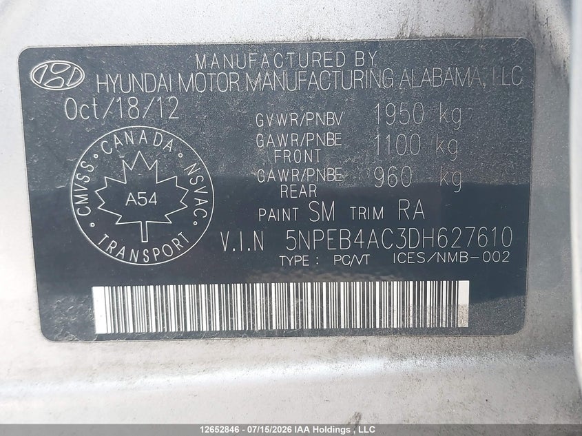 2013 Hyundai Sonata Gls VIN: 5NPEB4AC3DH627610 Lot: 12652846