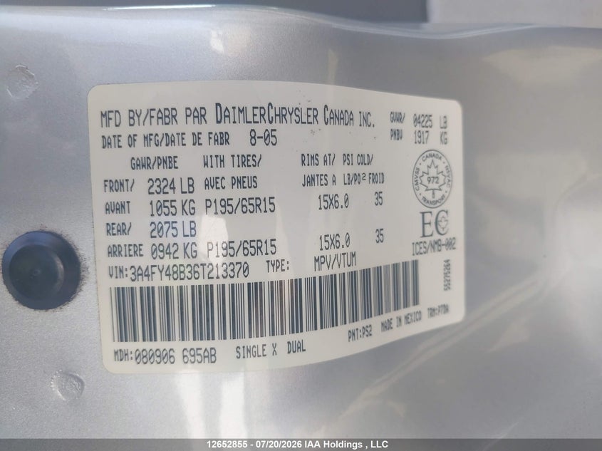 2006 CHRYSLER PT CRUISER VAN 2.4L I-4 DOHC, 150HP