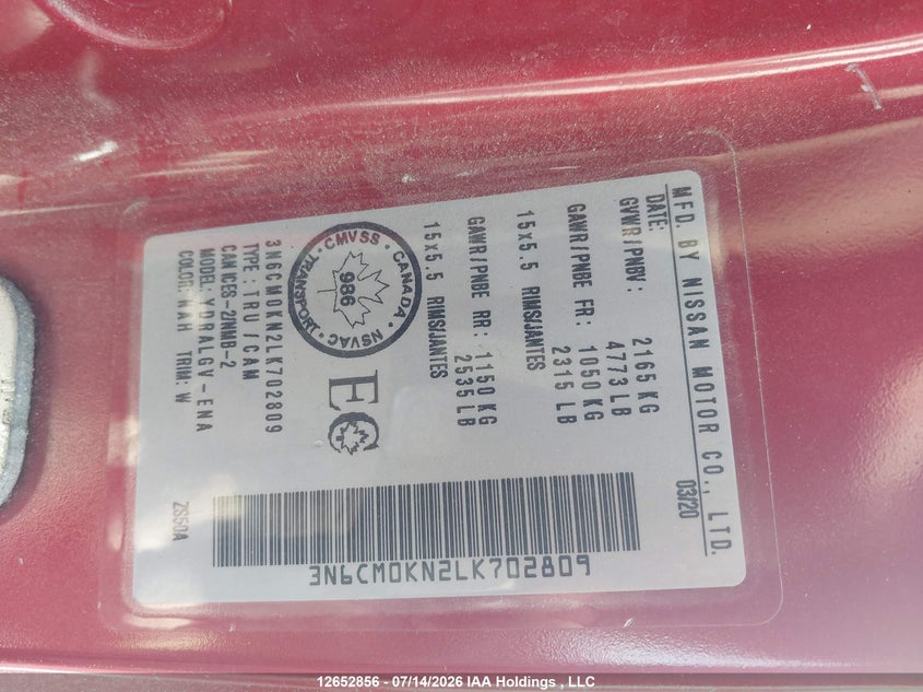 2020 Nissan Nv200 2.5S/2.5Sv VIN: 3N6CM0KN2LK702809 Lot: 12652856