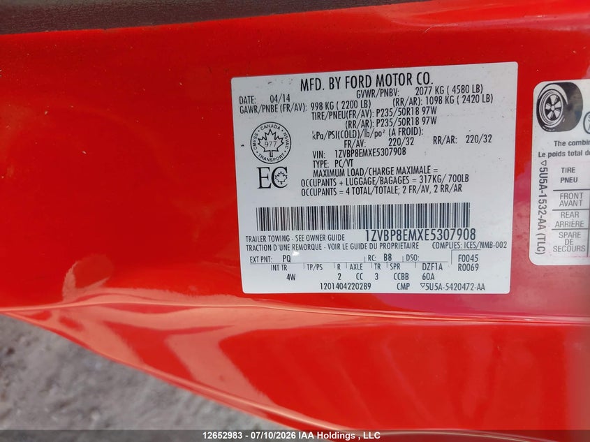 2014 FORD MUSTANG CONVERTIBLE CABRIO 3.7L V6 FI DOHC 24V NF4