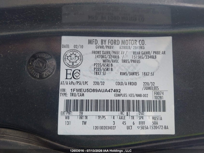 2010 Ford Explorer Sport Trac VIN: 1FMEU5D89AUA47492 Lot: 12653016