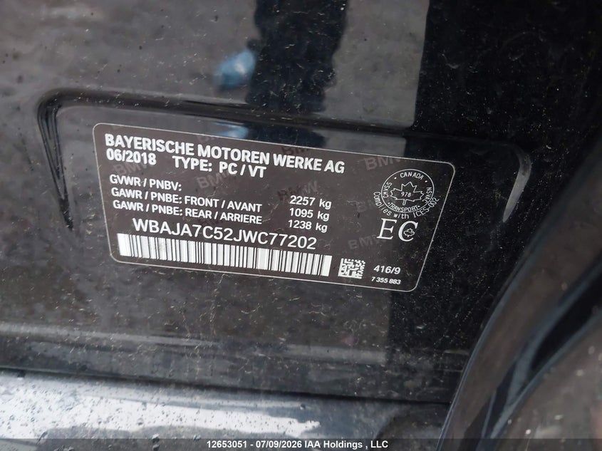 2018 BMW 530 Xi VIN: WBAJA7C52JWC77202 Lot: 12653051