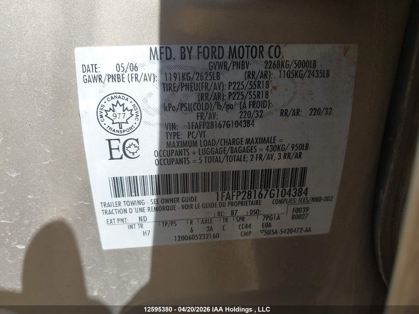 2007 Ford Five Hundred Limited VIN: 1FAFP28167G104384 Lot: 12595380X