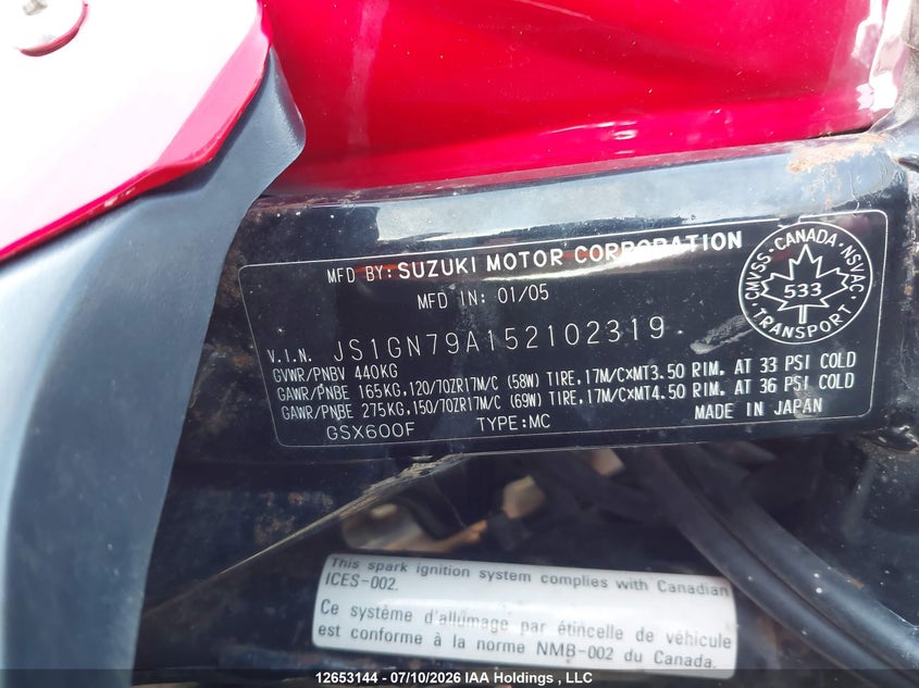 2005 Suzuki Gsx600 F VIN: JS1GN79A152102319 Lot: 12653144