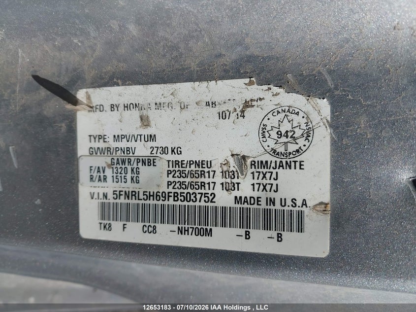 2015 HONDA ODYSSEY EXL - zdjęcie 9