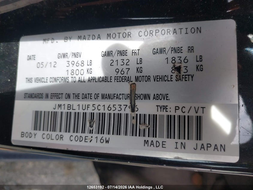 2012 Mazda 3 I VIN: JM1BL1UF5C1653796 Lot: 12653192