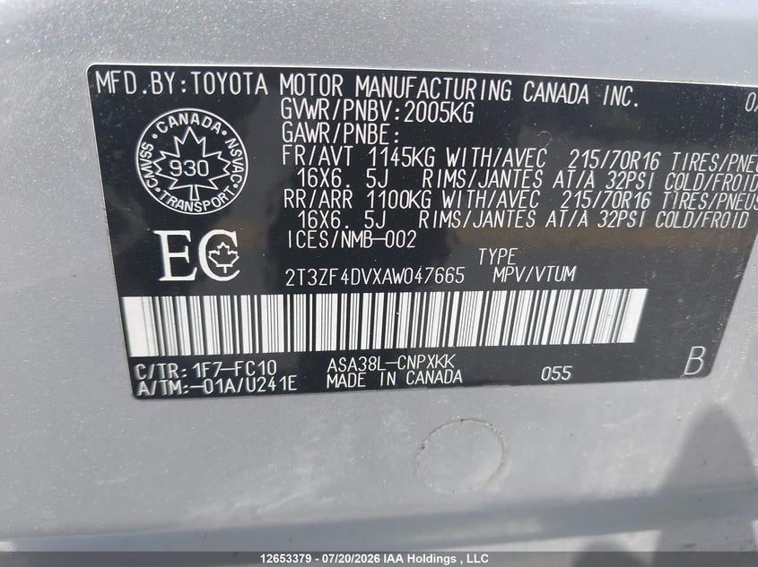 2010 TOYOTA RAV 4 SPORT UTILITY VEHICLE 2.5L I-4 DOHC, VVT, 179HP
